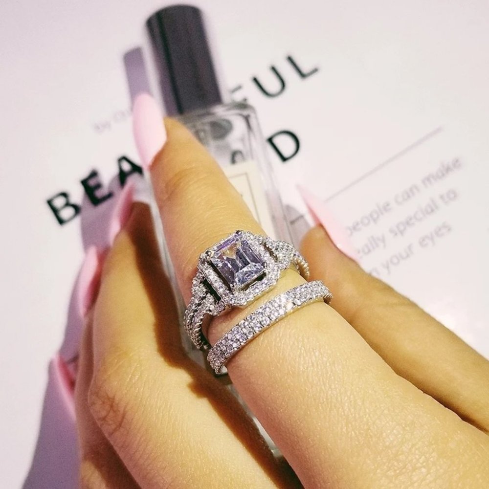 New Silver Rectangle Diamond Wedding Ring Set - Picture 2 of 3